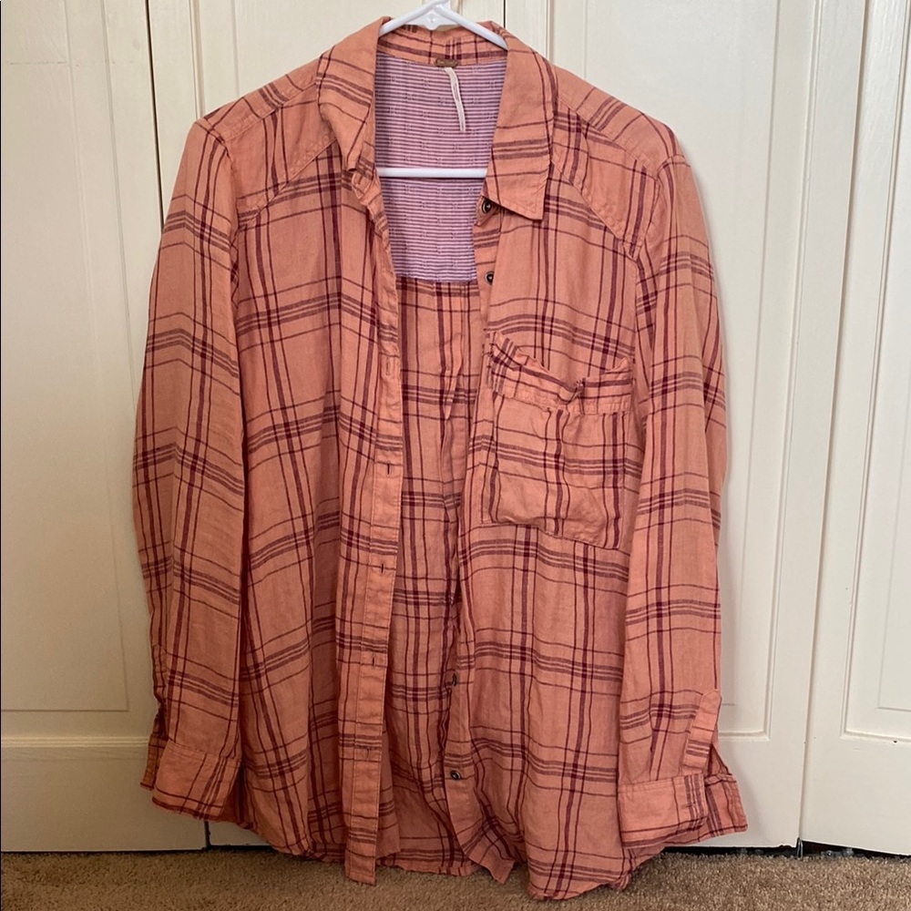 Free People Pink Linen Button Down Shirt Relaxed Fit